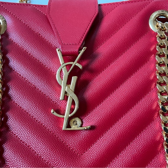 Saint Laurent Chevron-Quilted Leather Shoulder Chain Tote Bag, Red - Picture 2 of 11